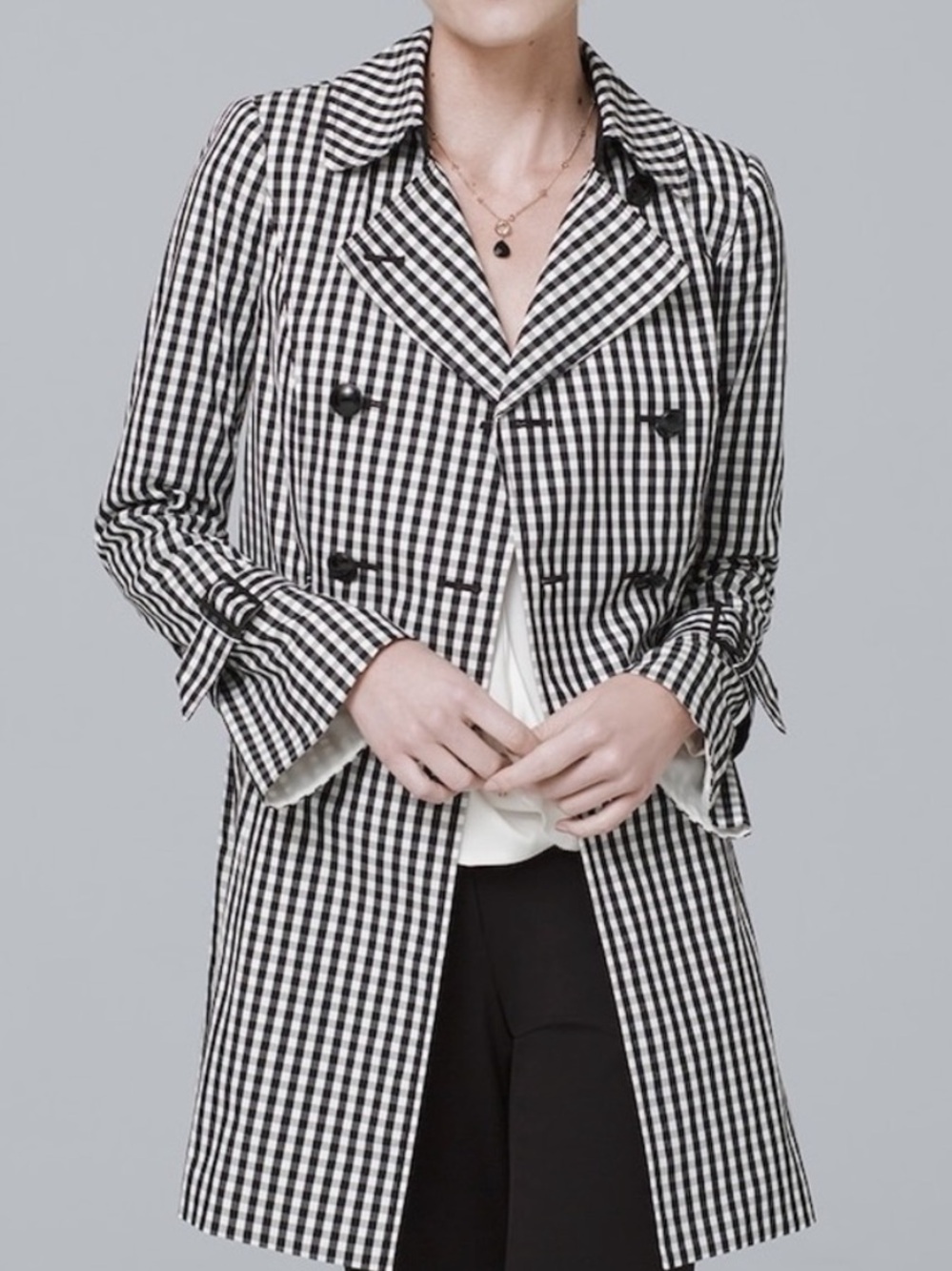 NWT White House Black Market Gingham Trench Coat in Black & White Sz XXS